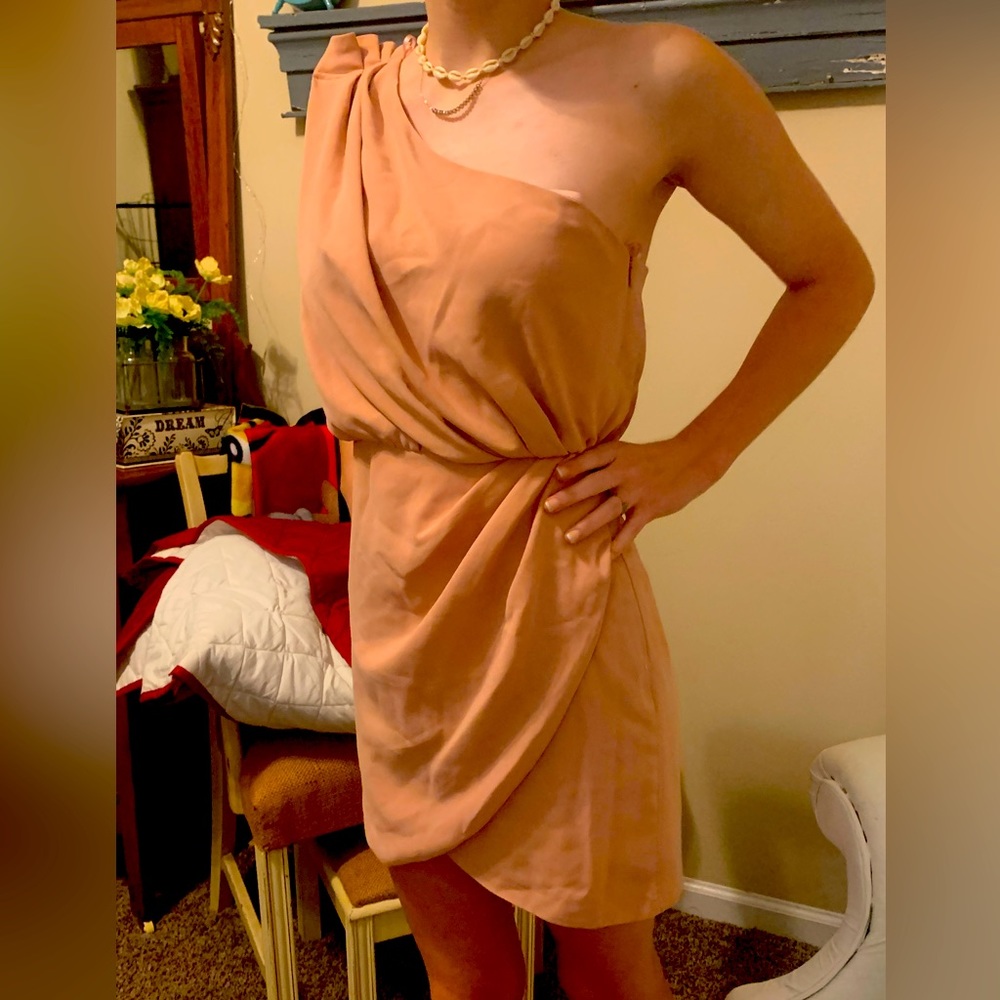 Off the shoulder peach dance or party dress